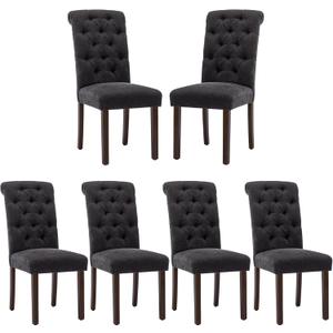 COLAMY Button Tufted Dining Chairs Set of 6, Parsons Upholstered Fabric Dining Room Chairs Kitchen Chairs with Wood Legs and Padded Seat, Black