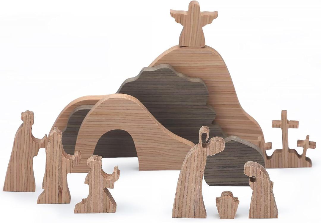 12 Pcs Easter Resurrection Scene Set Wooden Religious Jesus Nativity Scene Decorations Wood Christian Empty Tomb Cross Figures Table Decor for Easter Home Office Crafts Tabletop Decorations