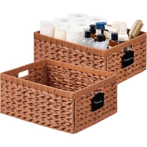 UBBCARE Storage Baskets with Label, Wicker Pantry Baskets for Shelves, Waterproof Woven Basket for Organizing, 2-Pack Plastic Rectangle Organizers with Handles,Light Brown (16.5L13W7.5H)