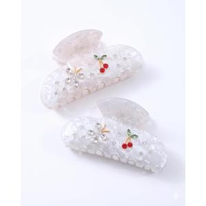 2PCS Cherry Hair Claw Clips for Women Girls with Rhinestone - Cute Medium Clips in Red Cherry, Kawaii Trendy Acrylic Accessories for Birthday Gifts