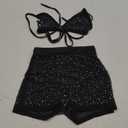 Women Sparkle Rhinestone Mesh Sheer Bikini Sets Halter Bra Top High Waist Shorts Bottom Swimsuits Rave Outfit, Small