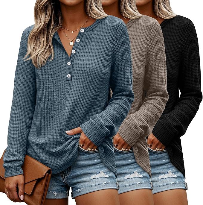 3 Pack Women's Oversized Waffle Knit Shirts Long Sleeve Henley V Neck Tops Button Up Loose Casual Pullover Sweater, Black, Mocha, Haze Blue (Size Large)