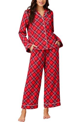 MYHALF Christmas Pajamas for Women Long Sleeve Pajama with Pockets Button Down Pjs Sets V Neck Fall Pj Lounge Set Red Black, Size L