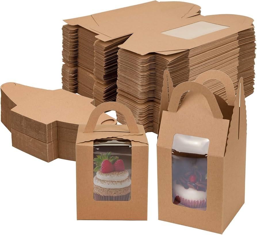 Jucoan 100 Pack Single Cupcake Boxes, Kraft Paper Individual Cupcake Container with Window Insert Handle, Portable Bakery Containers for Small Cake, Muffins, Birthday Wedding Baby Shower Party