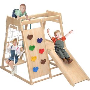 8-in-1 Indoor Playground, Indoor Jungle Gym for Toddlers, Kids Climbing Toys Indoor, Wooden Montessori Climber Playset with Swing, Slide, Monkey Bar, Wood Ladder, Climbing Net,Gymnastic Rings