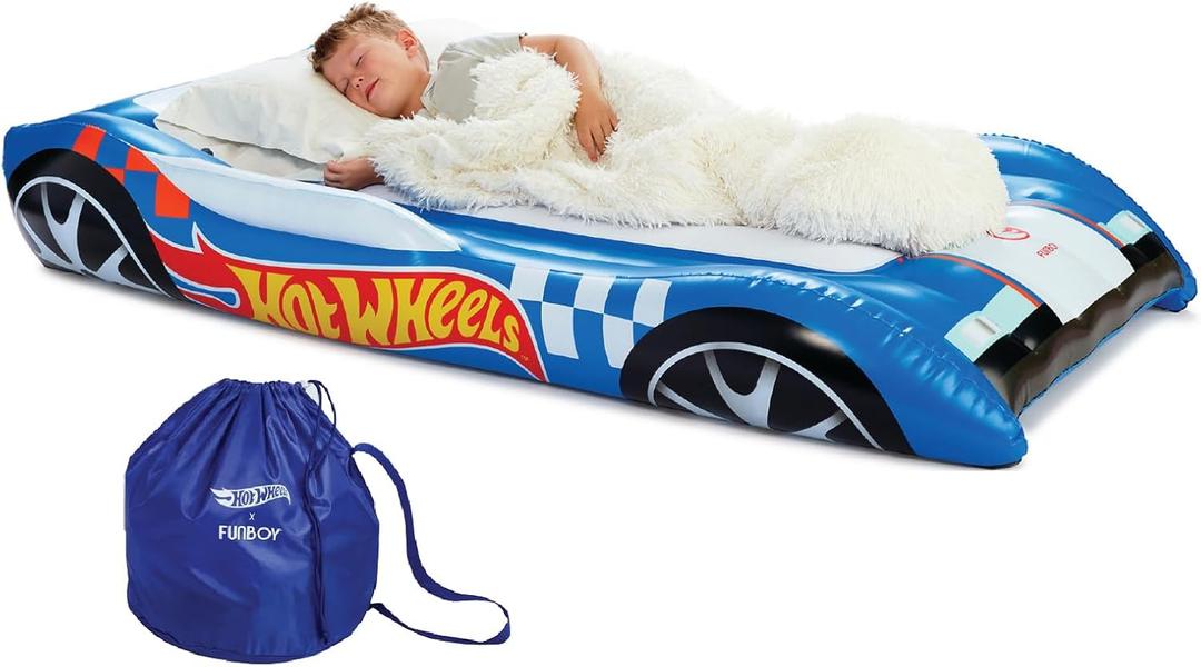 Hot Wheels & FUNBOY Kids Sleepover Bed & Air Mattress. Perfect for Sleepovers. Includes Carrying Storage Bag, Twin