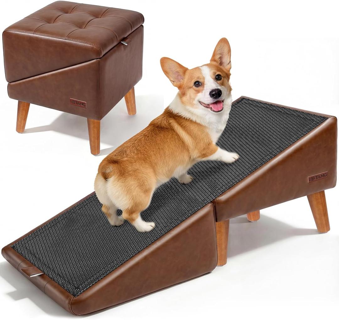 Dog Stairs for Small Dogs 16" H - Upgraded Non-Slip Dog Ramp for Couch, Foldable 2-in-1 Pet Ramp and Ottoman, Pet Stairs for Puppy, Pet Steps with Solid Wood Frame (Brown)