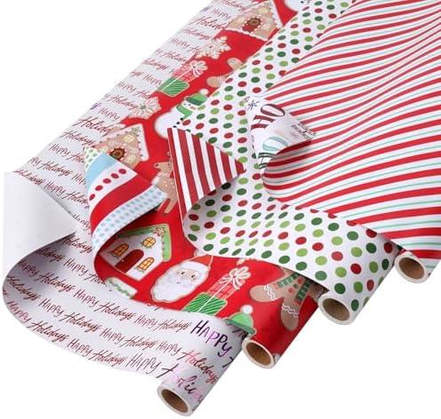 LaRibbons Reversible Christmas Wrapping Paper Set, Gingerbread Man/Green and Red Diagonal Striped Pattern for Season Party, with 2 Trimming & 3 Gift Tags, 30 Inch X 10 Feet (4 Rolls, 100 sq.ft.ttl.)