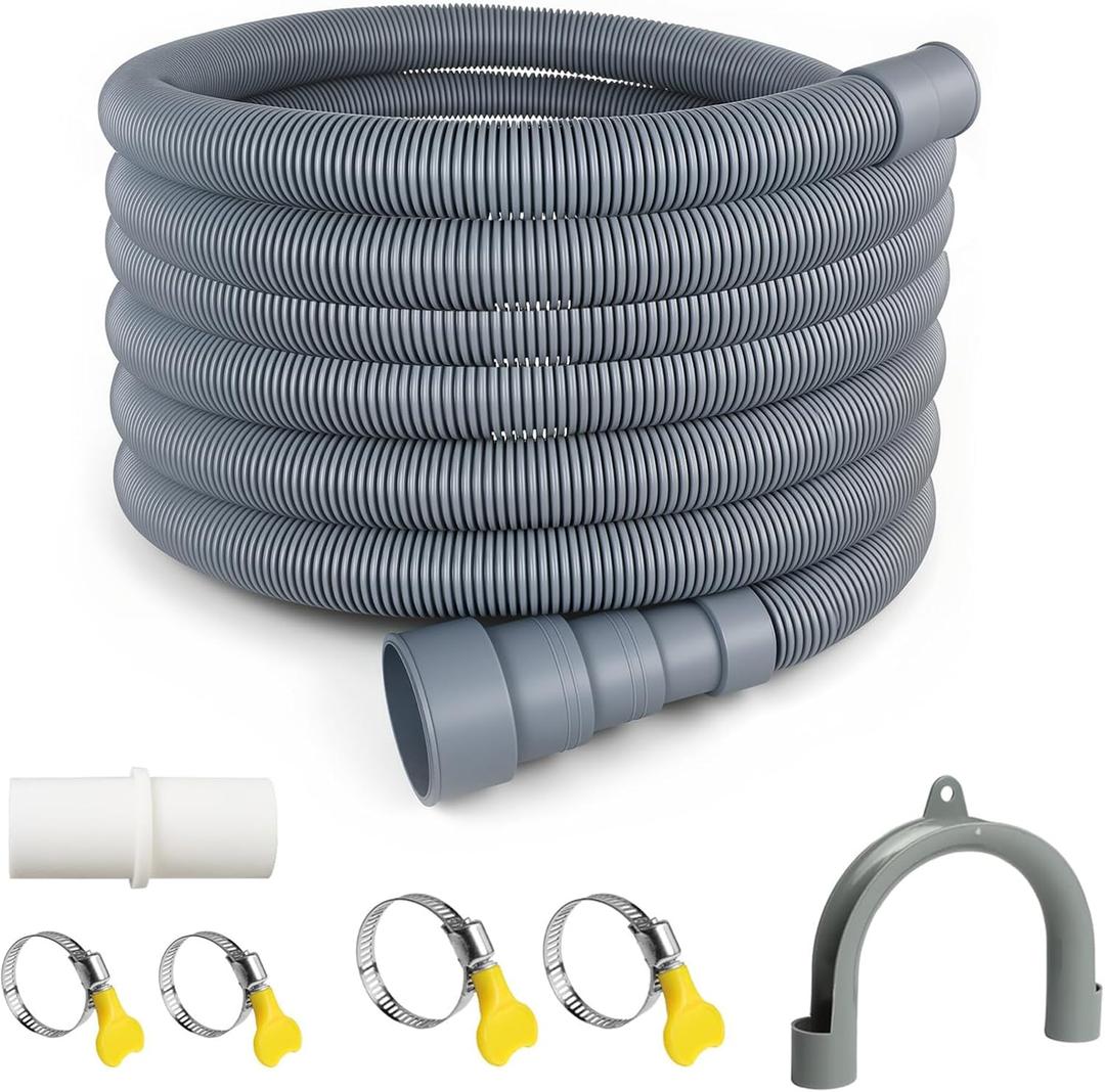 Washing Machine Drain Hose Universal 11.4 FT Dishwasher Drainage Hose Flexible Corrugated Washer Hose Extension Kit with 1 U-Bend Holder, 1 Extension Adapter and 4 Steel Clamps
