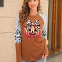 Graphic Shirts Women Pumpkin T Shirt Grateful Blessed Print Long Sleeve Blouse Leopard Striped Fall Tee (Brown, M)
