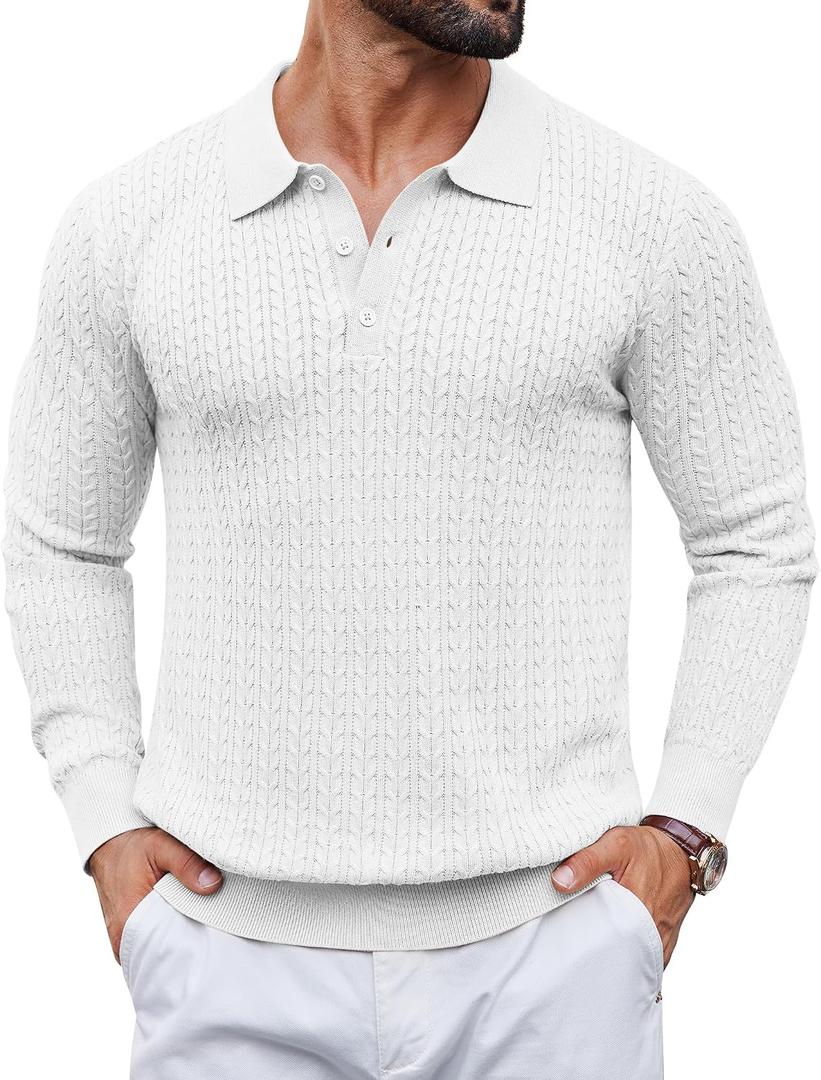 COOFANDY Men's Knit Polo Sweater Long Sleeve Quarter Button Polo Shirts Casual Ribbed Collared Shirt Golf Pullover Sweaters, M