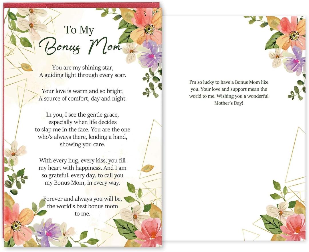 3 x Bonus Mom Mother's Day Card, Poem Mothers Day Card for Bonus Mom Stepmom, Heartfelt Mother's Day Gift from Stepdaughter Stepson