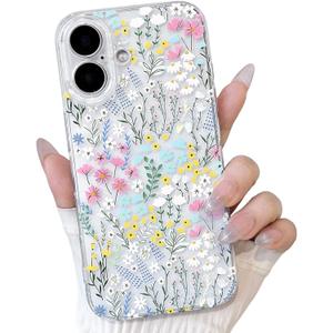Lovmooful Compatible for iPhone 16 Plus Case Clear Cute Flower Floral Leaf with Color Design for Girls Women Soft TPU Shockproof Protective Girly for iPhone 16 Plus Case-Floral