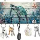 Sea Turtle Ocean Key Holder Key Hooks Organizer Hanger Rack Wall Mounted Wooden Key Rack with 5 Key Hooks for Home Entryway Front Door Kitchen Hallway Bedroom Wall Decorative Key Storage
