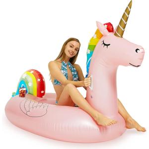 Inflatable Pink Unicorn Pool Float with Cup Holder, Large Water Pool Toys for Adults and Family, Swimming Pool Floats for Party Fun, 
