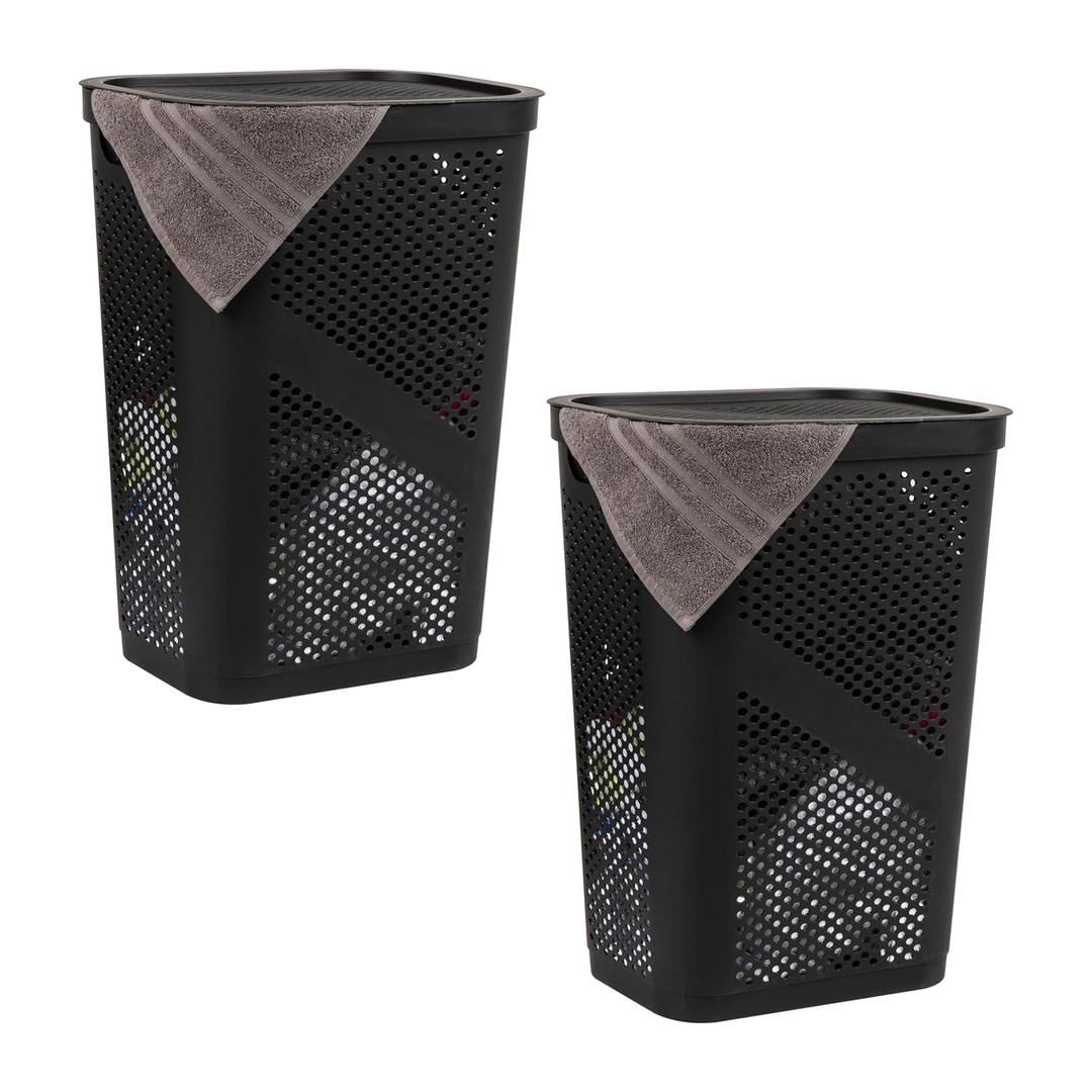 Mind Reader 60L Slim Laundry Hamper, Clothes Basket, Lid, Ventilated, Plastic, Set of 2, Black Mind Reader 60L Slim Laundry Hamper, Clothes Basket, Lid, Ventilated, Plastic, Set of 2, Black