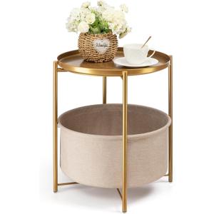 danpinera Round Side Table with Fabric Storage Basket, Metal Side Small Bedside Table Nightstand with Removable Tray Top for Living Room, Bedroom, Nursery, Bathroom, Gold