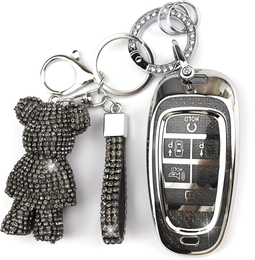 Cute Key Fob Cover with Rhinestone Bear Charm, Bling TPU Smart Key Case for Women, Compatible with Hyundai Sonata Santa Fe Tucson Nexo 2019-2021 Palisade 2023-2024 (7-Button, Black)
