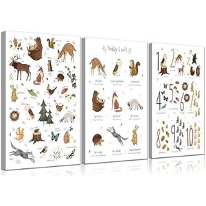 VOIKRTJX Alphabet Numbers Wall Art Nursery Animal Alphabet Canvas Wall Decor Forest Animal ABC Educational Painting Kids Playroom Prints Positive Quotes Painting for Boys Girls Classroom 16x24
