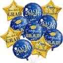 Graduation Balloons Class of 2026, 10Pcs 18" Blue Gold Congrats Grad Round Foil Balloons with 19" Star Mylar Balloons Grad Party Decorations Supplies for College High School
