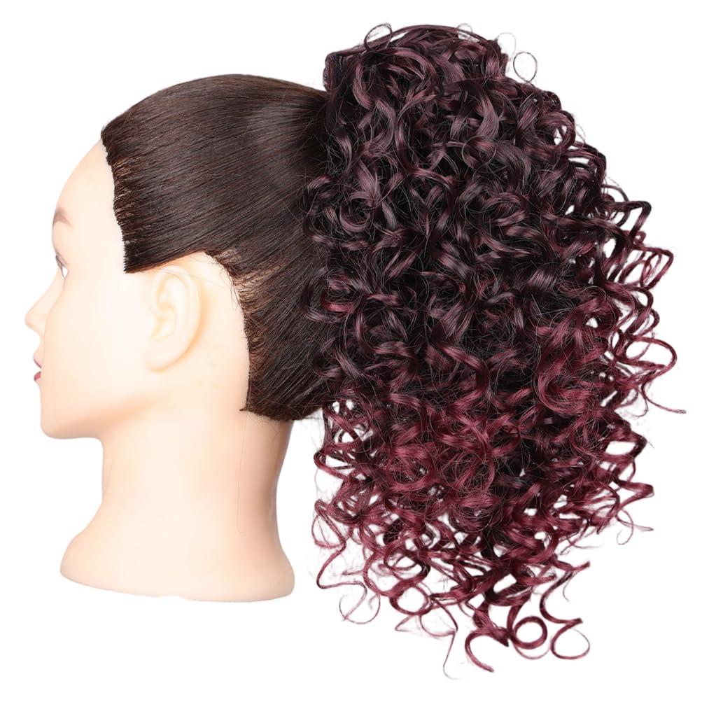 Xiaofeng Spring Curly Ponytail Hairpiece Drawstring Synthetic Ponytail Extension for Women and Girls Daily Use (1B/Burgundy, 12 Inches)
