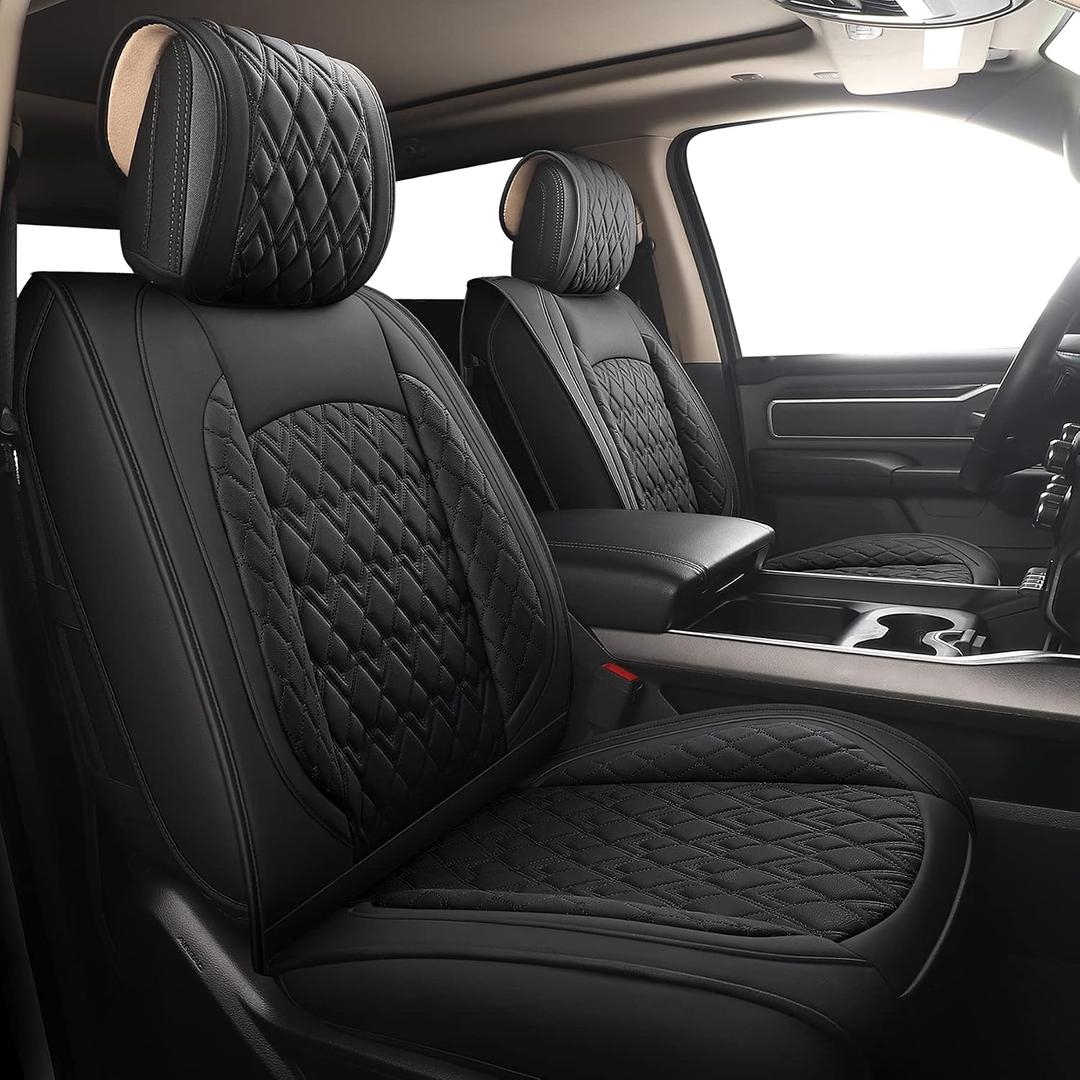 JOJOBAY Car Seat Covers for Dodge Ram Full Set,Fit Ram 2009-2026 1500/2500/3500 Pick-up Truck,Crew,Regular,Quad,Mega Cab,Waterproof Leather Seat Covers Protectors5 PCS Full Set,Black