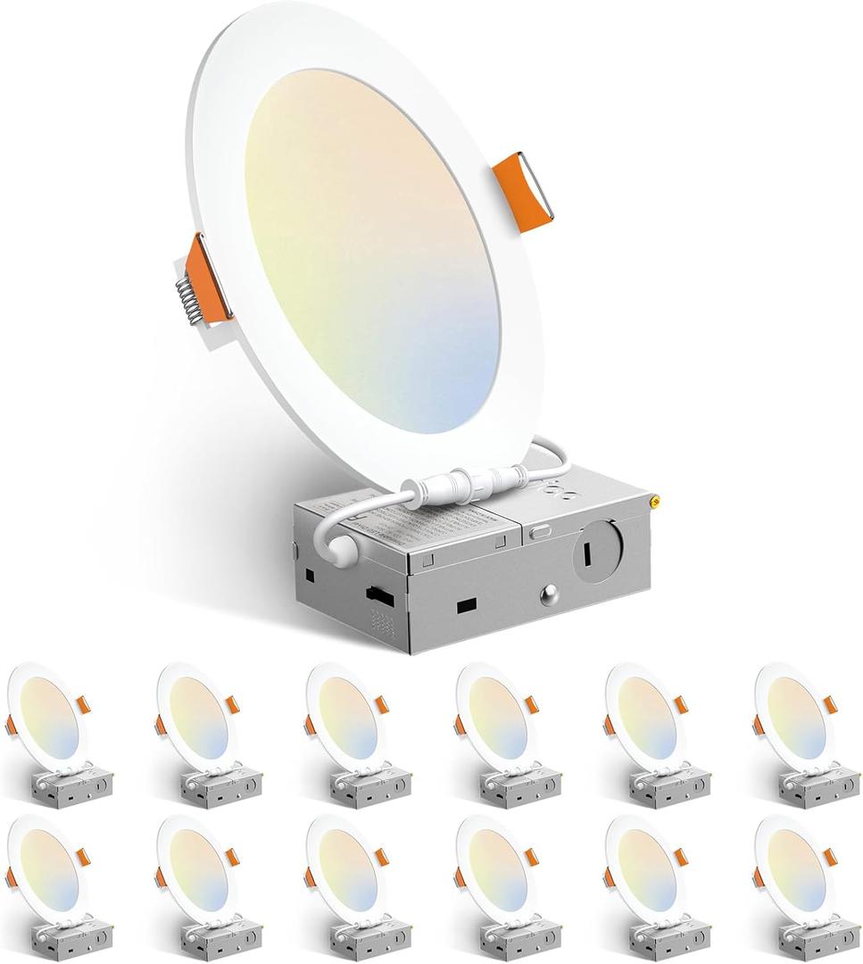 Amico 12 Pack 6 Inch 5CCT Ultra-Thin LED Recessed Ceiling Light with Junction Box, 1050LM Brightness, Dimmable Canless Wafer Downlight, 12W, ETL&FCC (White)