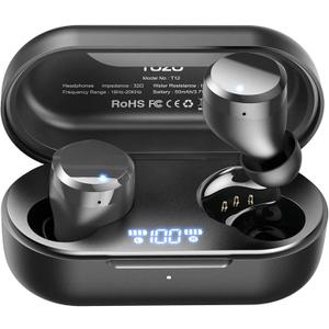 TOZO T12 (Large Ergonomic Edition) Wireless Earbuds Bluetooth 5.3 Headphones Premium Sound Performance Touch Control LED Digital Display Wireless Charging Case Earphones Space Gray (Black)