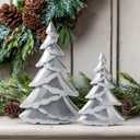 RM ROOMERS Christmas Tree Figurines Decor Wooden, Set of 2 Silver Christmas Trees Tabletop, Sparkling Glittered Xmas Tree Statues - Decorative Centerpieces for Desk, Mantel, Entryway, Home Decor