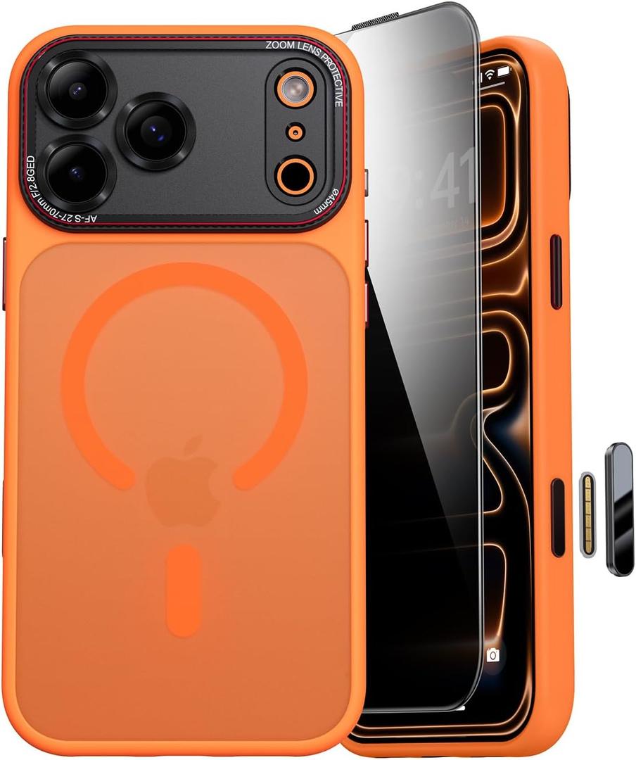 JUESHITUO Magnetic for iPhone 17 Pro Case: Upgraded [Full Camera Protection], with [1X Privacy Screen Protector] [Camera Button], 6.3" Case for iPhone 17 Pro, Orange