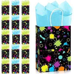 Funrous 16 Pcs Neon Party Favor Bags with Tissue Paper Glow in The Dark Gift Bags with Handle Neon Goodie Candy Treat Baggies for Glow Theme Birthday Baby Shower Party Decoration Supplies
