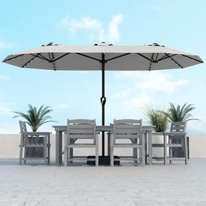 Kingdura 13ft Large Patio Umbrella with Solar Lights, Double-Sided Rectangle Outdoor Table Umbrella with Base Included, 12 Reinforced Ribs, 48 Led Lights, Crank Lift for Market Pool Deck, Light grey