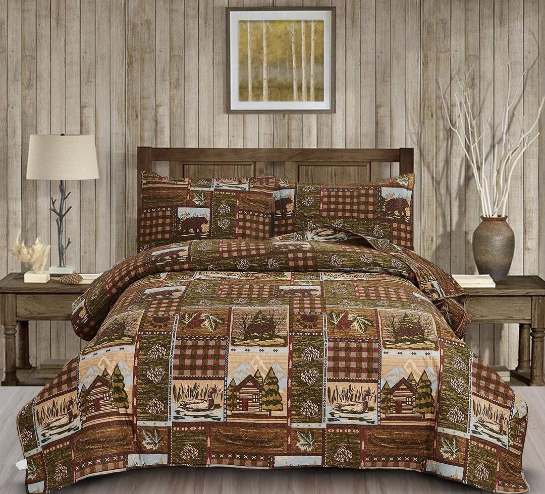 Moose Bear Quilt Set Full/Queen Size Rustic Cabin Bedding Set Reversible Quilts Home Lodge Bedspread Coverlet Wildlife Bears Pine Tree Bedding Woodland Plaid Patchwork Quilted Bed Spread Country Decor