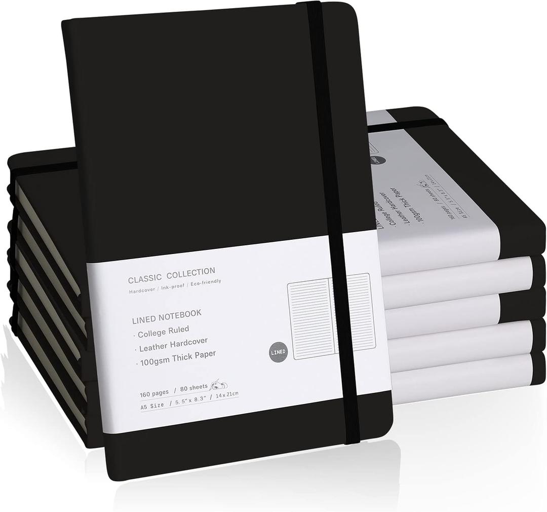 Lined Journal Notebook, 6Pack Hardcover Notebook for Men & Women  Journals for Writing, Work, School, Home & Daily Notes, 160 Pages  Medium A5, 5.7"x8", 100 gsm Thick Paper (Black)