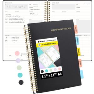 SUNEE Meeting Notebook for Work with Sticky Tabs - 160 Pages, A4 Size Project Planner, Spiral Meeting Agenda/Minutes Notebook Organizer for Women Men, Note Taking, Office & Business, 8.5"x11", Black