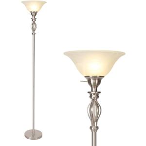 Torchiere Floor Lamps for Living Room & Bedroom  Stand Up Lamp with Corner Floor Lamp Design  Traditional Iron Scroll 70" Tall Alabaster Glass Bowl Shade (Brushed Nickel)