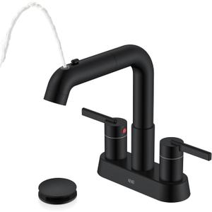 KENES Matte Black Centerset Bathroom Faucet with Pull Down Sprayer, 4 Inch 2 Handle Pull Out Bathroom Faucet 3 Hole, Bathroom Sink Faucet with Pop Up Drain & Supply Lines LJ-9059A-2