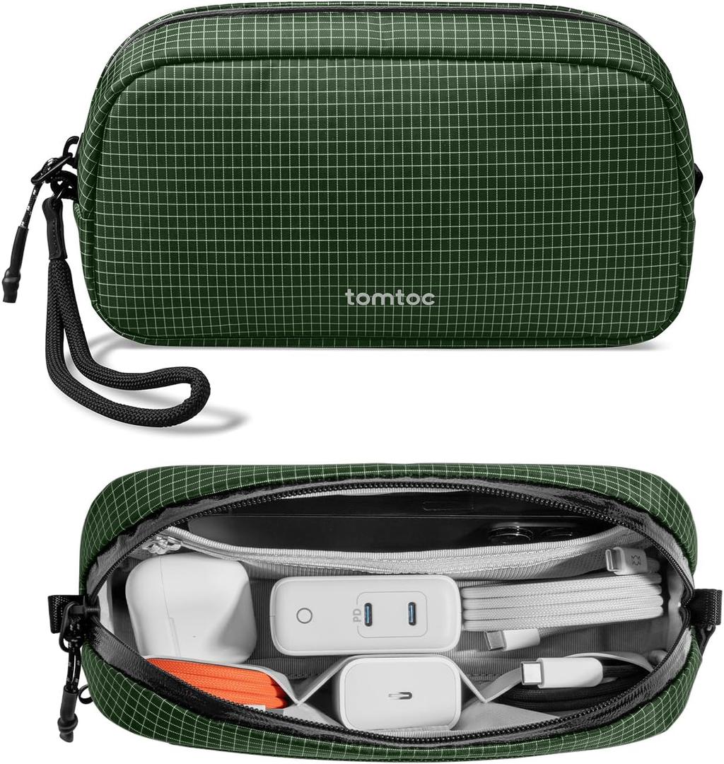 tomtoc Electronics Organizer Travel Case Performance, Water Resistant Bag Cable Tech Pouch Accessories, Carry Storage for Cord, Phone, Cables, Airpods, USB Flash Drive, Daily Items (Small, Green Plaid)