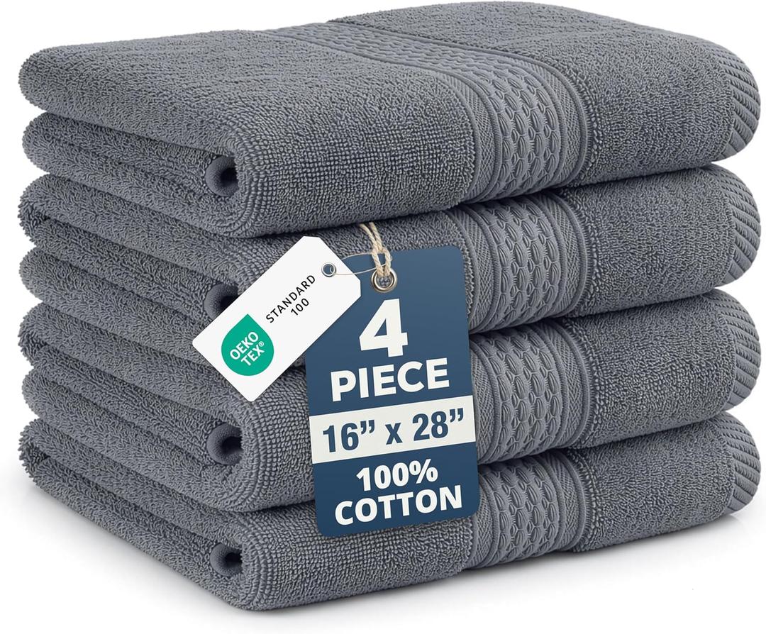 Grey Hand Towels for Bathroom - Pack of 4 (16" x 28") - 100% Cotton Double Stitched Edges - Ultra Soft, Quick Dry & Highly Absorbent - Everyday Comfort Hand & Face Towels for Family and Gym Use - 01: Cool Grey