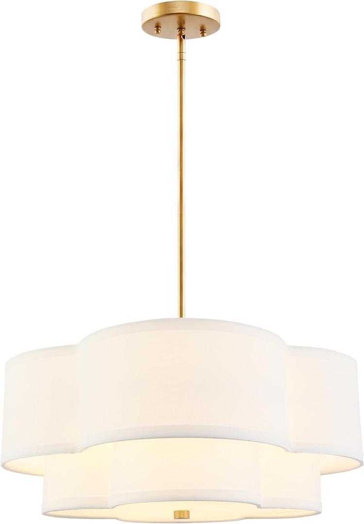 18" Chandelier, 3-Light Gold Pendant Light Fixtures with Dual Layer White Fabric Shade in Quatrefoil Shape, Double Drum Chandeliers for Dining Room Kitchen Living Room Bedroom, AD-22007-3P-GD