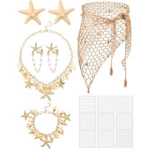 Tondiamo 22 Pcs Mermaid Costume for Women Beach Mermaid Crochet Skirt Swimwear Cover up Starfish Pearl Necklace and Bracelet Earrings Hair Clip Scale Stencil for Summer Party Jewelry Accessories