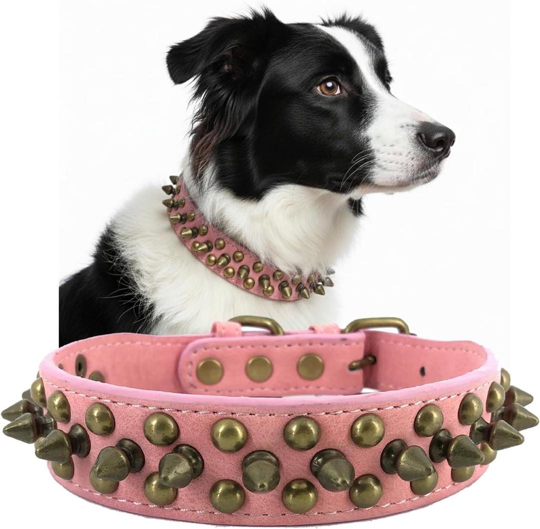 Spiked Studded Dog Collar-Bronze Round Stud Anti-Bite Collar (Pink,M) (Medium (Pack of 1))