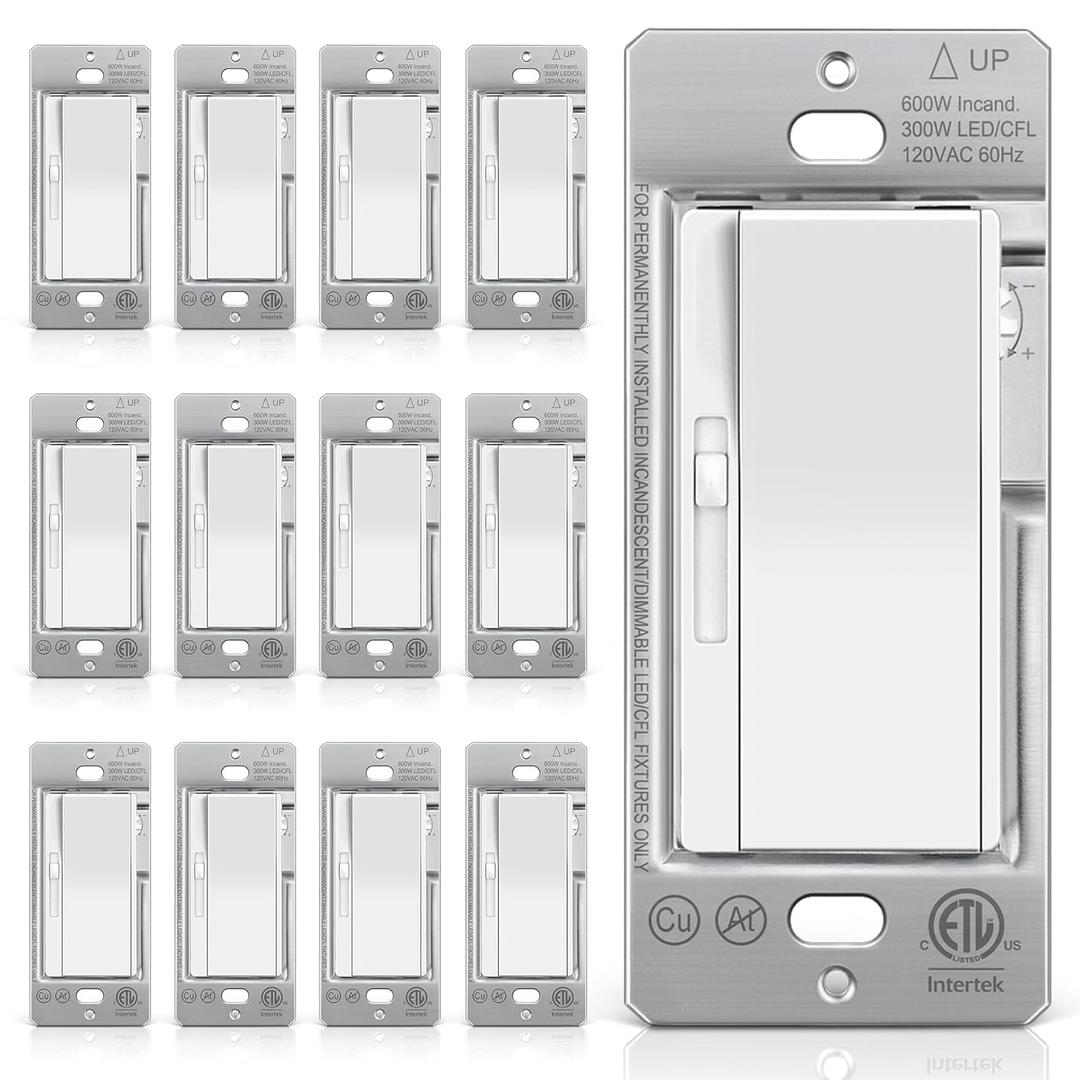 BESTTEN 12 Pack Super Slim Slide Dimmer Light Switch, Single Pole or 3 Way Dimmer Switches, Compatible with LED Dimmable Lamp, CFL, Incandescent, Halogen Bulb, ETL Listed, White