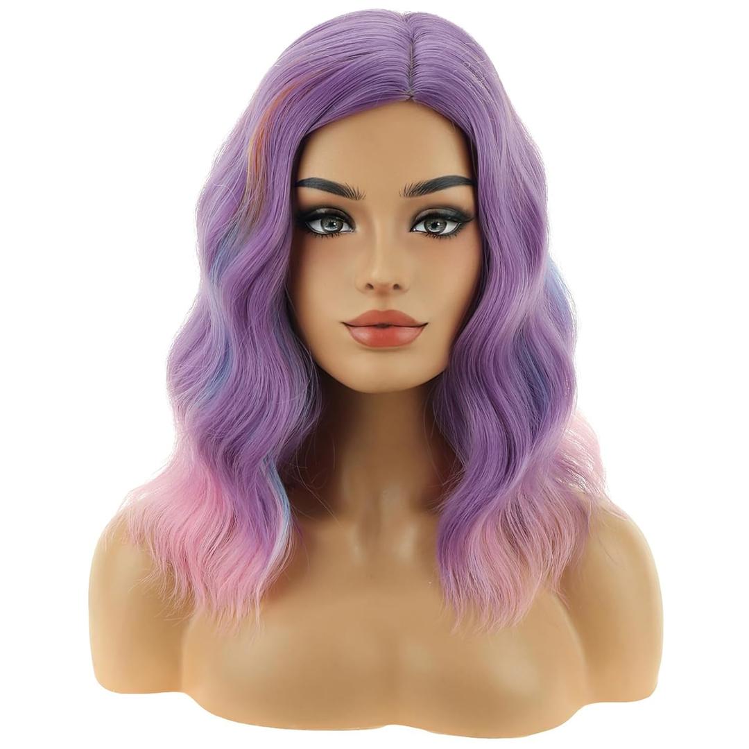 BERON Women Colorful and Purple Short Wave Wig for Girls Light Purple Shoulder Length Heat Resistant Synthetic Wig for Cosplay Costume Party or Daily