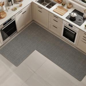 Anti-Slip Corner Kitchen Rug, 1 Piece L-Shaped Floor Mats,Super Absorption Linen Corner Mat for Home,Kitchen (Grey Right-L, 39''X59''X18'')