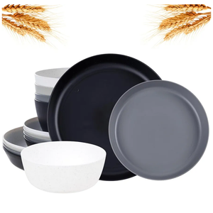 EI 12pcs Wheat Straw Plates,Wheat Straw Dinnerware Set,Plate and Bowls Sets,Plastic Plates Reusable-White,Black,Grey,Dark Grey,Dinner Plate Set of 4 Kitchen,Picnic