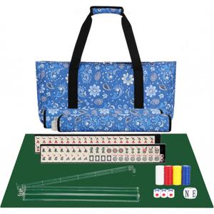 PiPiCat Complete American Mahjong Set, 166 Tiles (30mm) with 31.5x31.5in Mat One-Click Flip Reinforced 18-Inch Rack/Pushers Shockproof Bag & 6 Spare (Ethnic Style Blue)