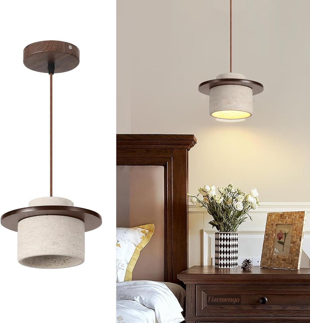 1 Pack Wabi Sabi Pendant Light 7.9in Small Japandi Natural Travertine Stone & Wood Lampshade, Nordic Pendant Lighting Fixture for Kitchen Island Dining Room Bedroom Cafe (Bulb Included) (Walnut)