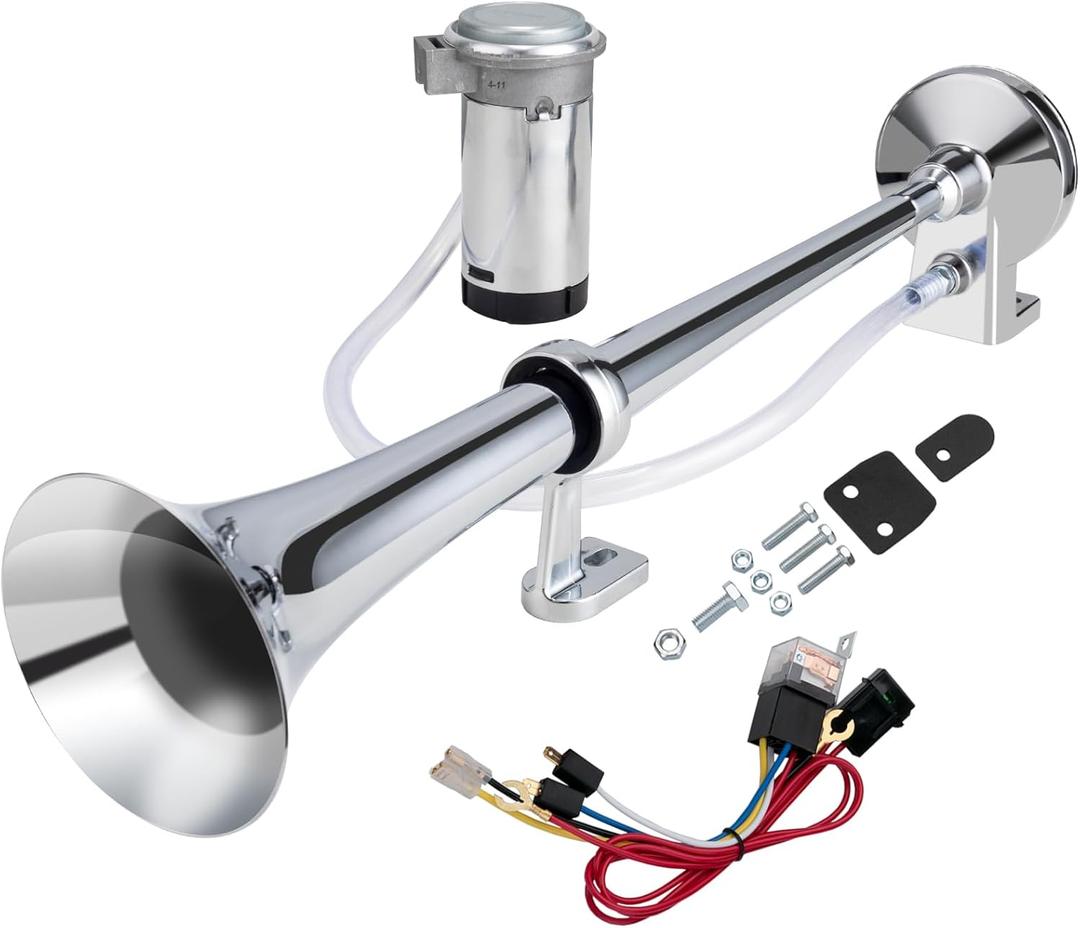 AOLIHAN Loud Train Horn Kit for Truck, Super Loud 150DB 12V Car Horn, 18 Inches Chrome Zinc Single Trumpet Air Horn with Compressor for Car Truck Train Boat (silver single tube horn with wire, 12v)