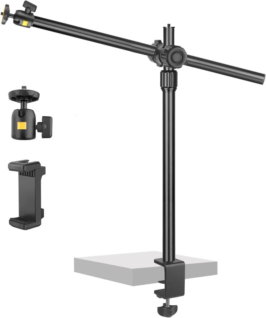 Camera Desk Mount Webcam Stand with Overhead Articulating Magic Boom Arm 1/4" Ball Head for DSLR Tripod, Adjustable Light Stand, Tabletop C Clamp for Ring Light Photo Video Shooting Live Streaming (2DFPGYL)